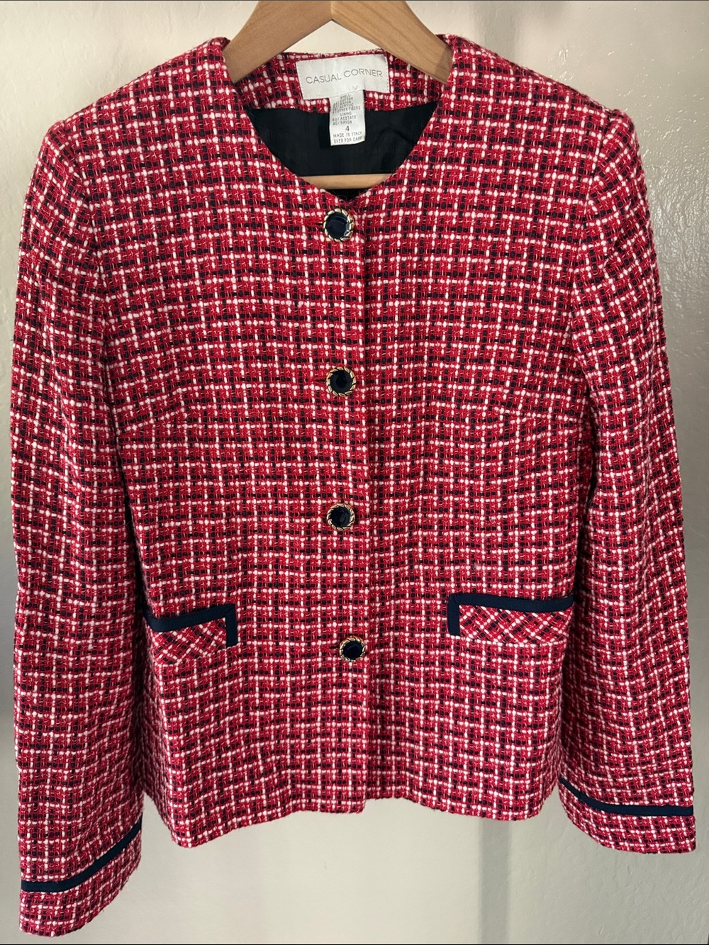 Casual Corner Red Tweed Old Money Jacket Chanel Style Size 4